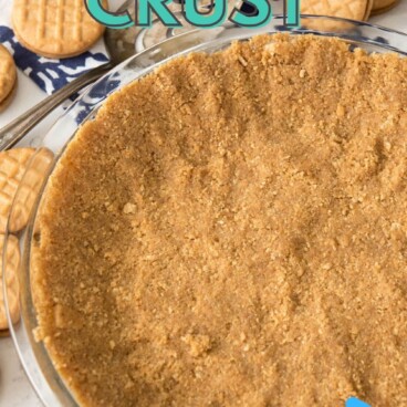 Overhead shot of easy no-bake peanut butter cookie crust with recipe title on top of image