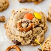 Photo collage showing toffee pretzel peanut butter cookies with recipe title on top