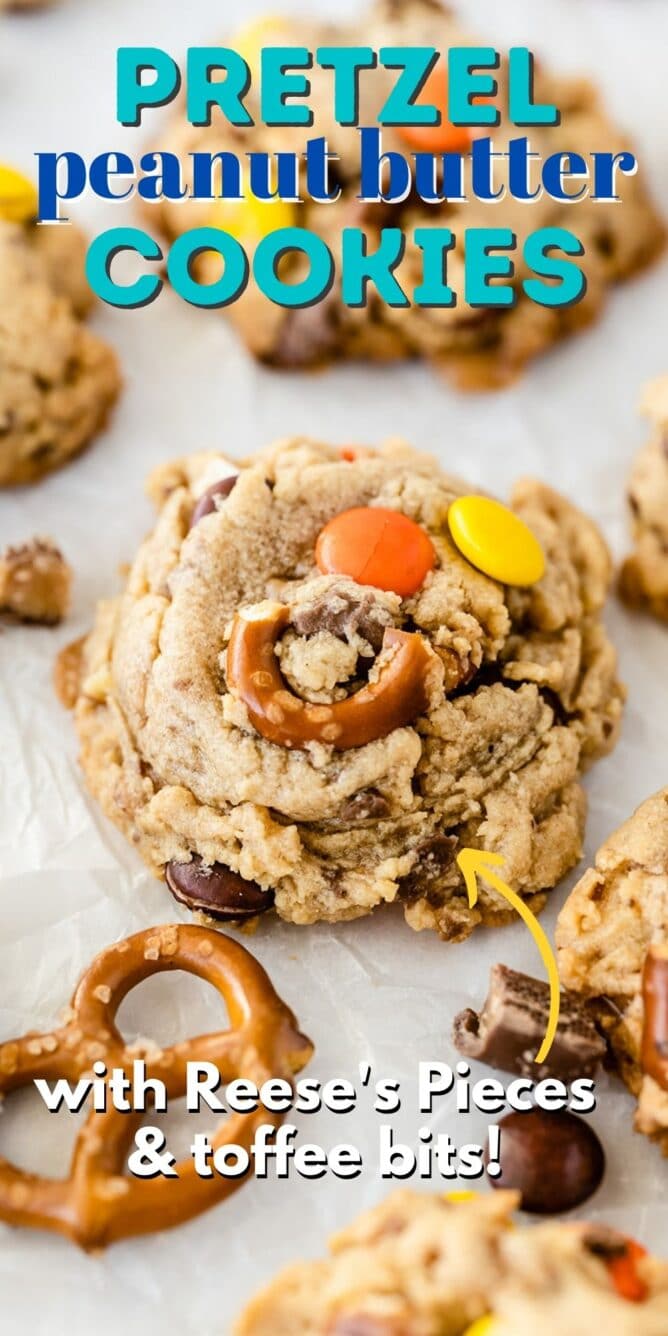 Photo collage showing toffee pretzel peanut butter cookies with recipe title on top