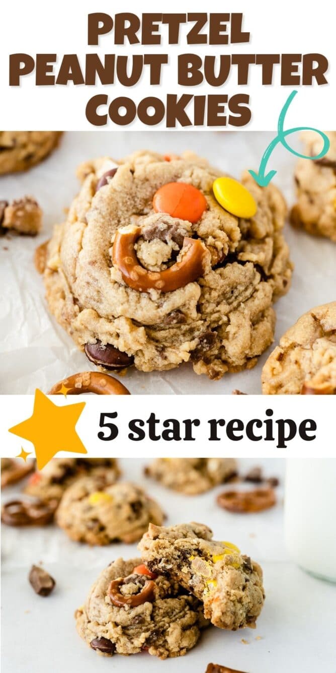 Photo collage showing toffee pretzel peanut butter cookies with recipe title on top