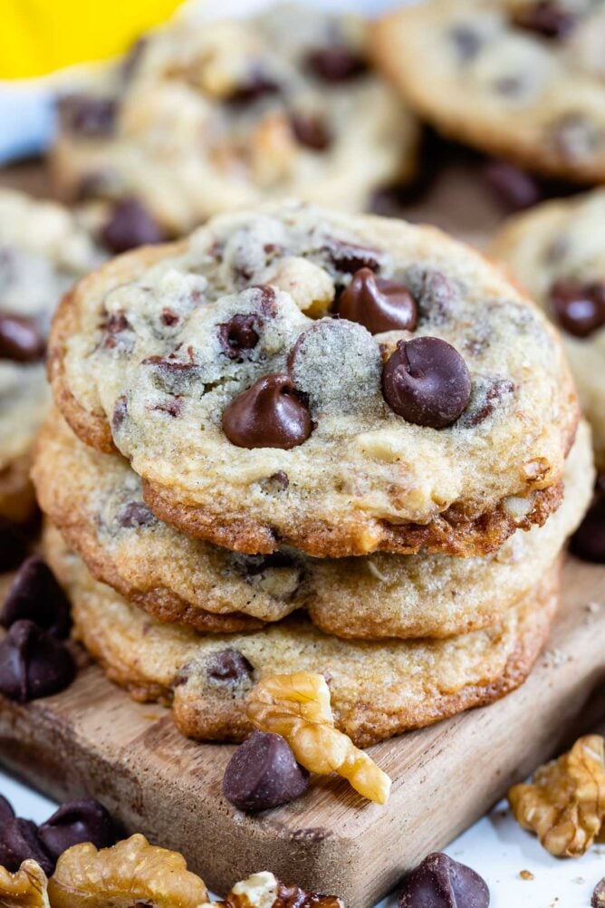 Close up of toll house cookies stacked on eachother