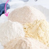 Four types of baking flours on a serving dish with recipe title on top of photo