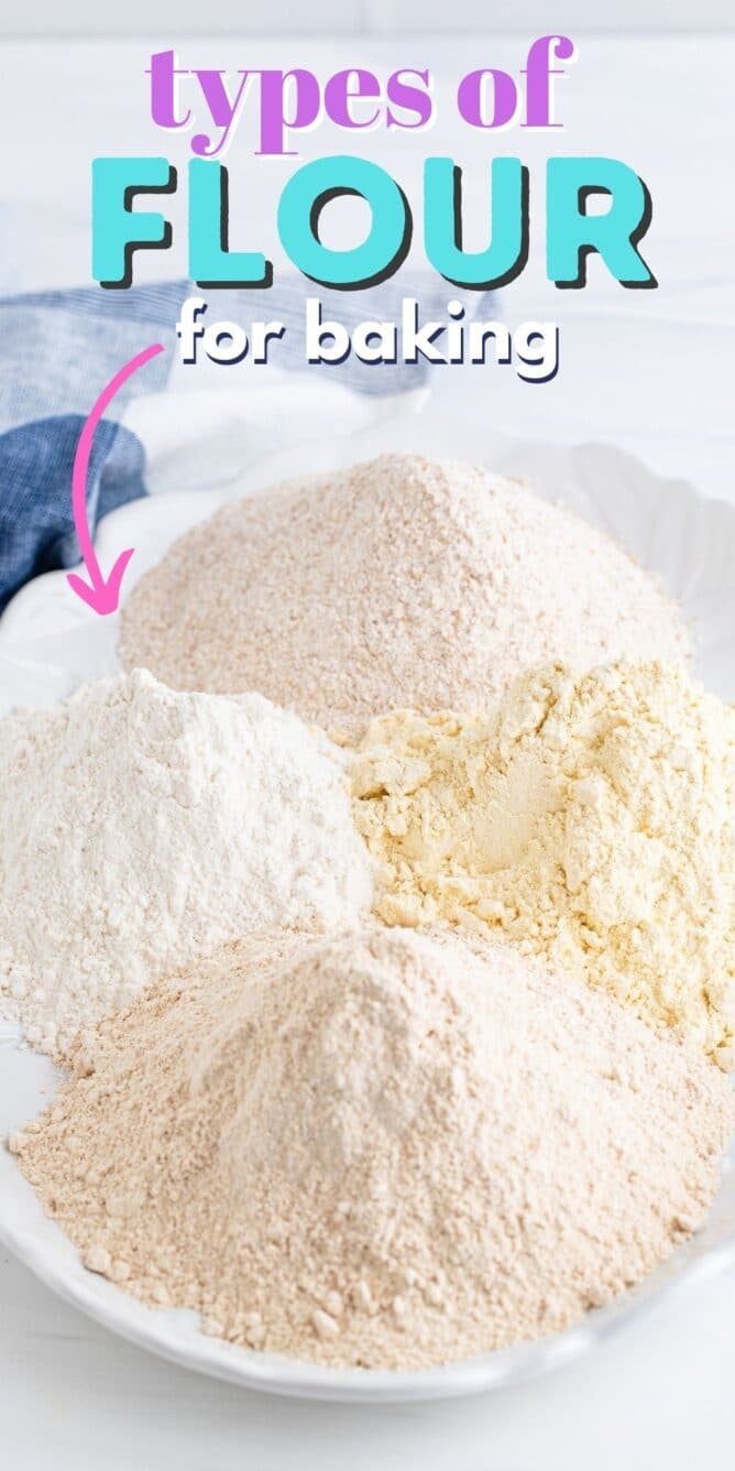 Four types of baking flours on a serving dish with recipe title on top of photo