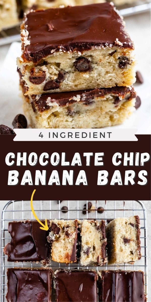 Photo collage of easy chocolate chip banana bars with recipe title in middle of photos