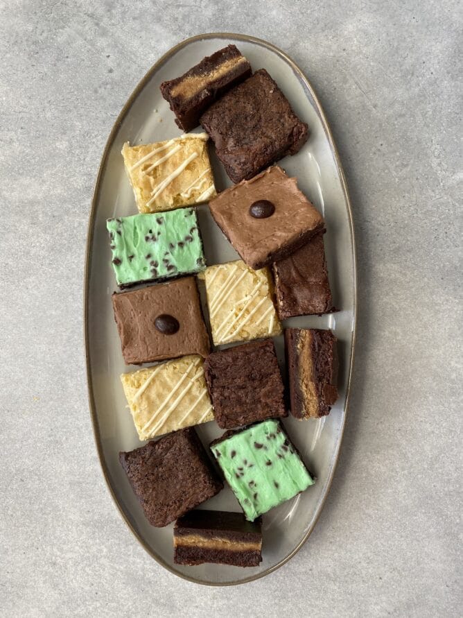 overhead shot of plate of brownies