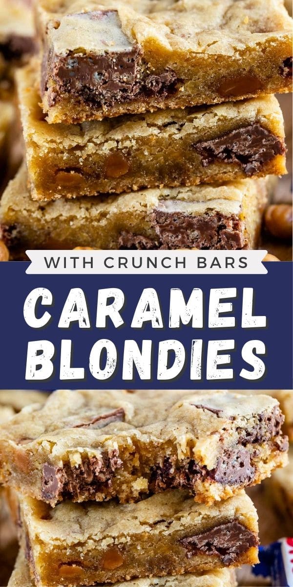 Photo collage of caramel crunch blondies with recipe title in the middle