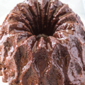 Overhead view of easy chocolate bundt cake covered in chocolate ganache