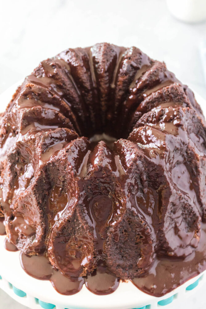 Overhead view of easy chocolate bundt cake covered in chocolate ganache