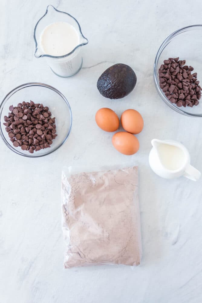 Overhead view of all the ingredients needed to make this easy chocolate bundt cake