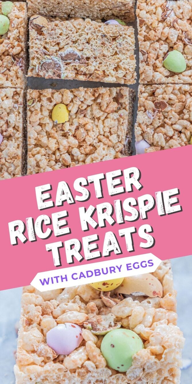 Collage of Easter rice krispie treats with recipe title in the middle of two photos