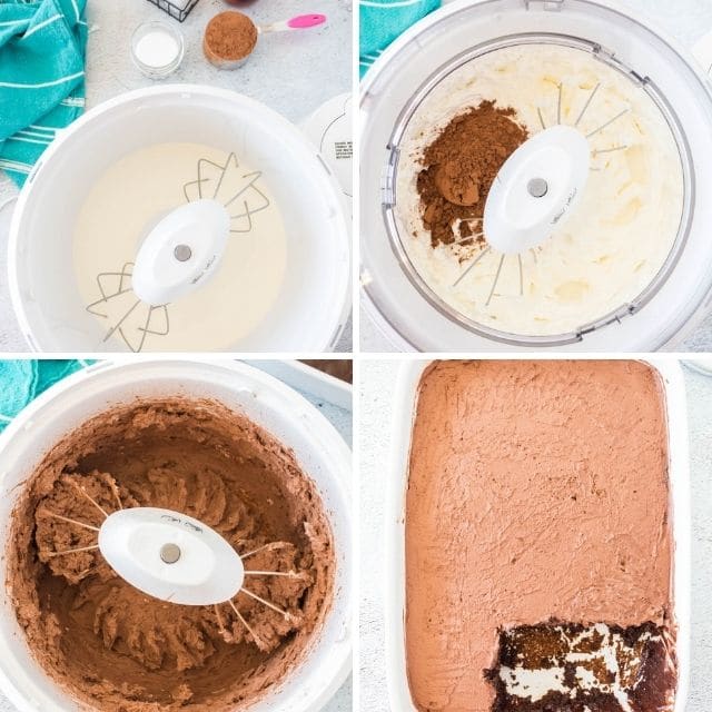 Four photos showing the process of making chocolate whipped cream frosting