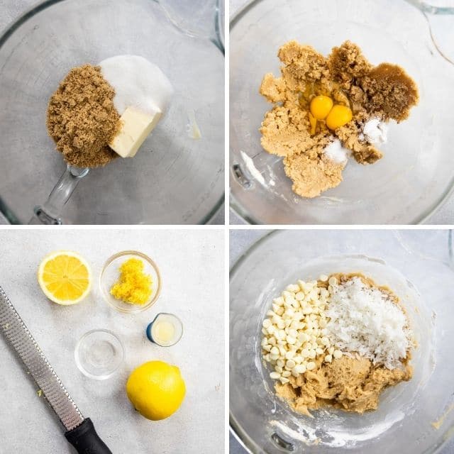 Four photo collage showing how to make lemon coconut blondies