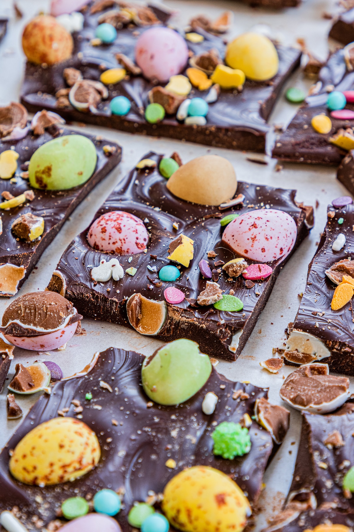 Close up shot of easter candy bark pieces