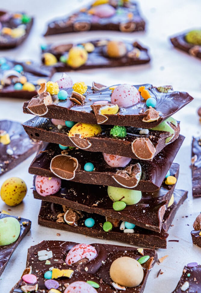 Easter candy bark pieces stacked on top of eachother