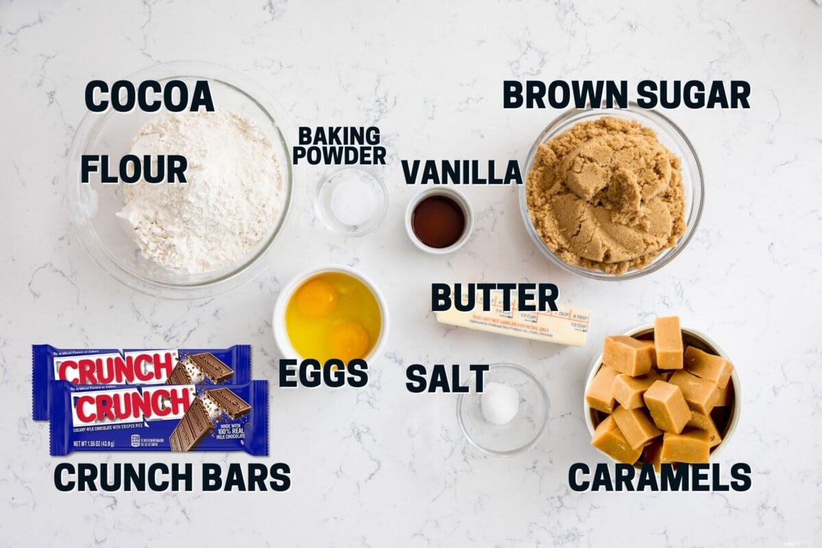 ingredients in blondies with crunch bars and caramel