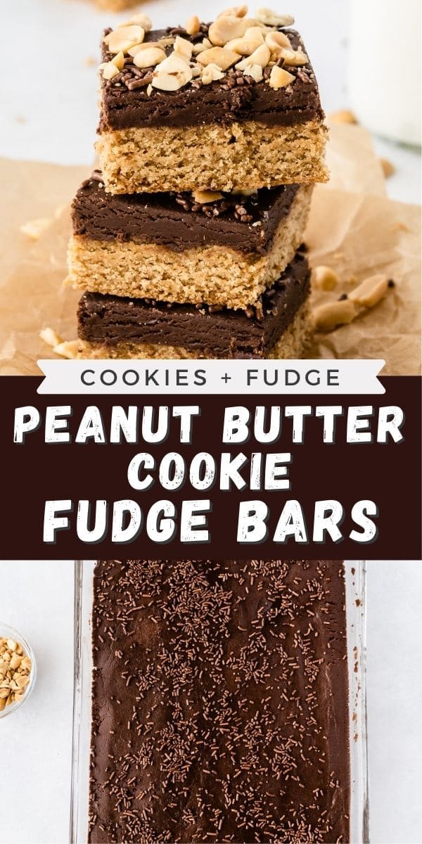 Photo collage of peanut butter chocolate fudge bars with recipe title in the middle