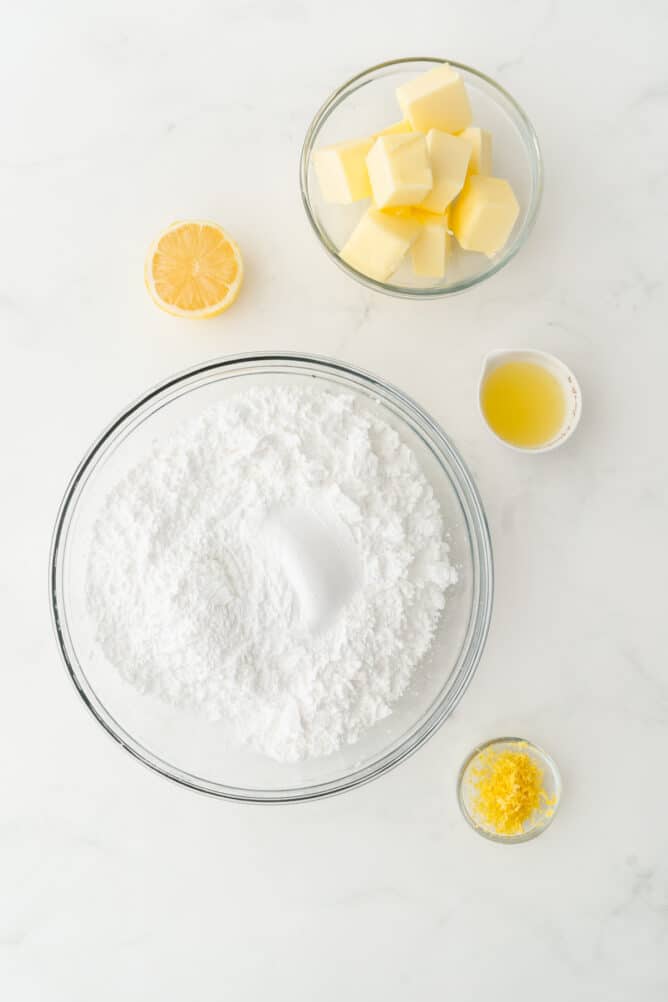 Overhead shot of ingredients needed to make lemon buttercream