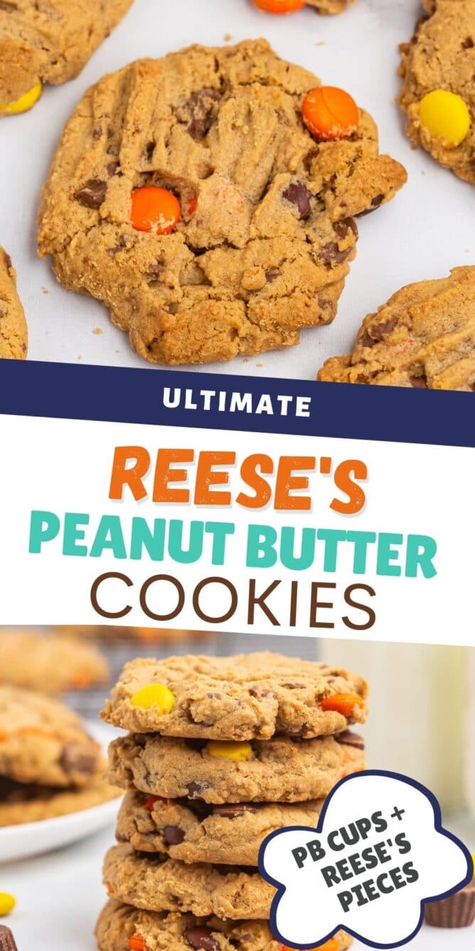 Photo collage of Reese's overload peanut butter cookies with recipe title in middle of photos