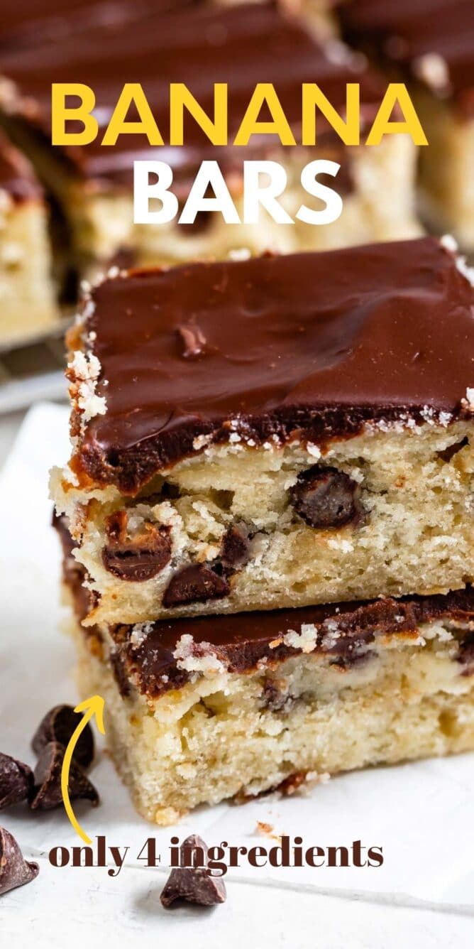 Close up shot of banana bars stacked on one another with recipe title on top of image