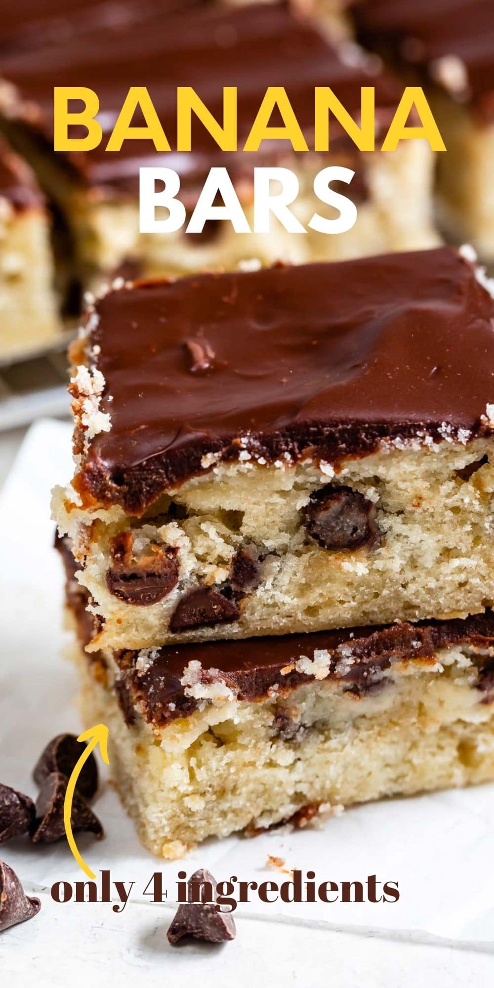 Close up shot of banana bars stacked on one another with recipe title on top of image