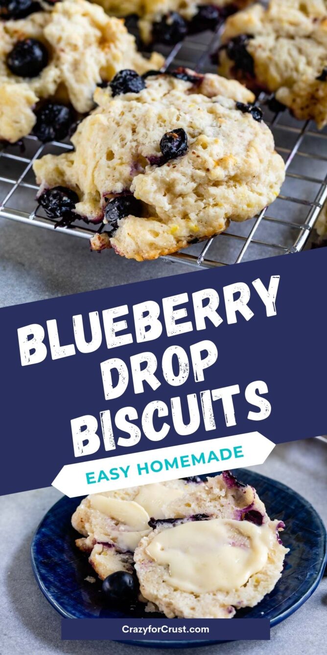 close up of biscuit on rack on top, biscuit with butter on blue plate on bottom and words in between