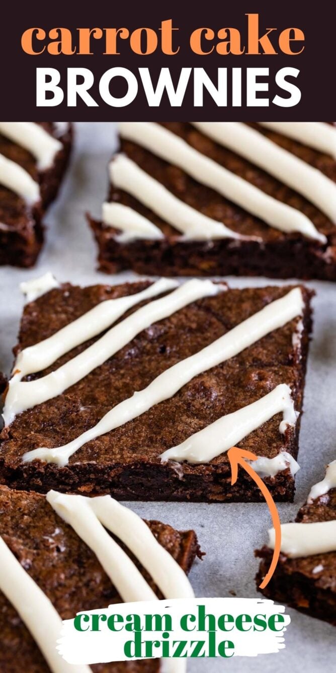 Close up shot of carrot cake brownies cut into squares with a cream cheese glaze with recipe title on top of image