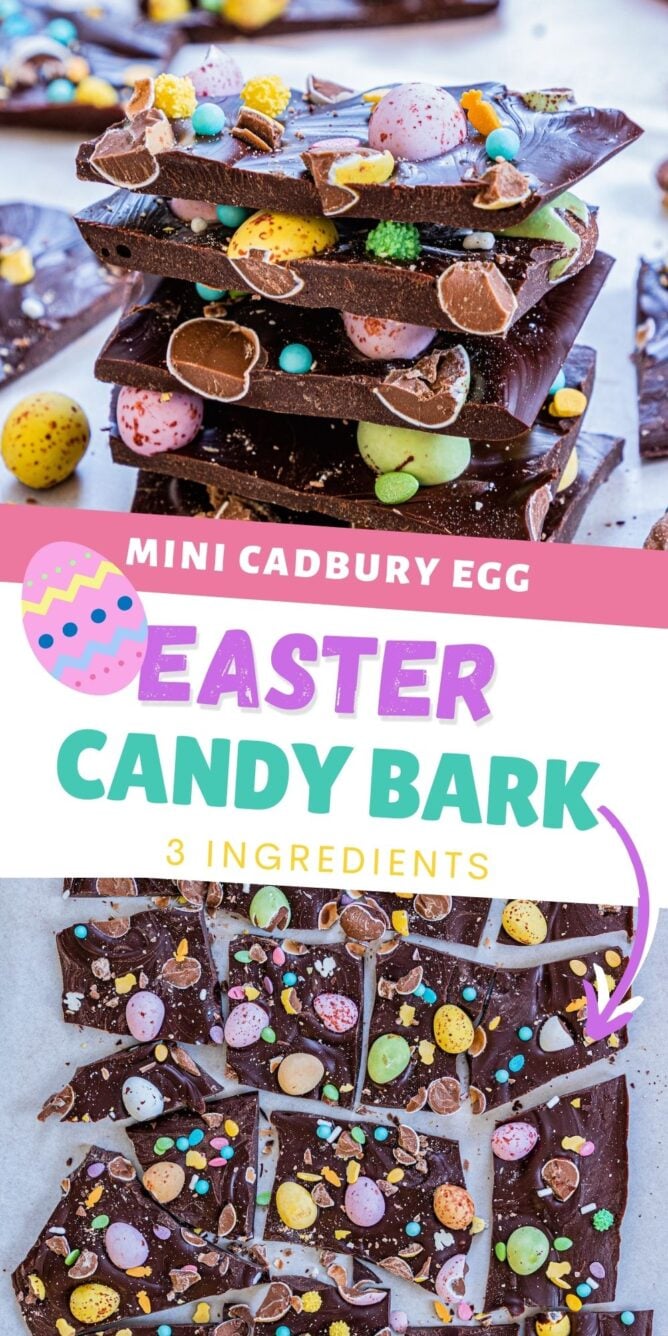 Easter candy bark photo collage with recipe title in between two photos