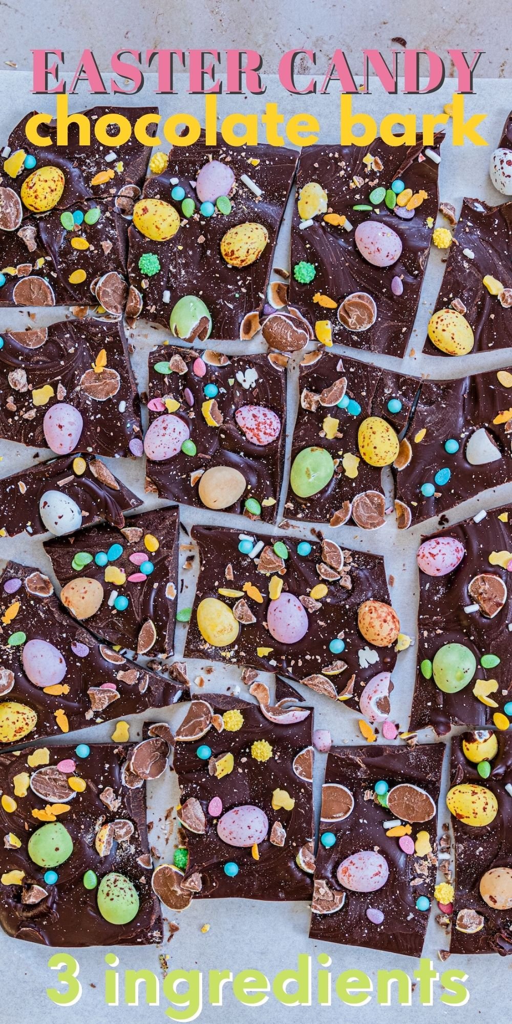 Overhead view of easter candy bark with recipe title on top of image