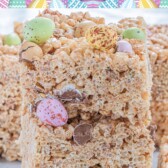 Close up shot of Easter rice krispie treats with chocolate eggs