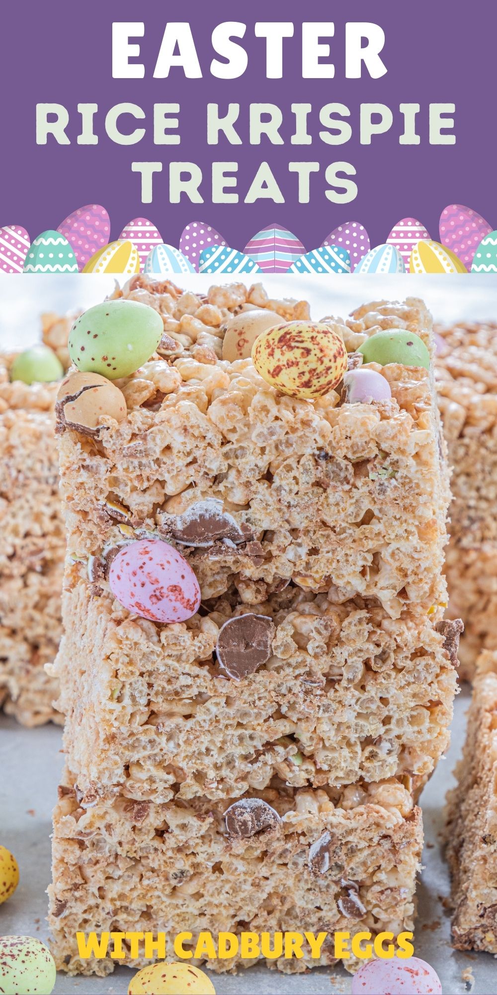 Close up shot of Easter rice krispie treats with chocolate eggs