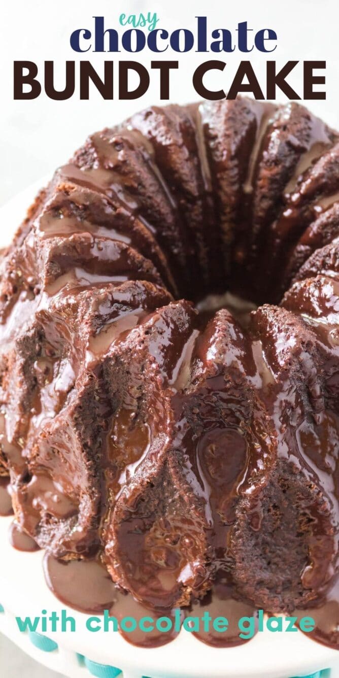 Overhead view of easy chocolate bundt cake covered in chocolate ganache and recipe title on top of image