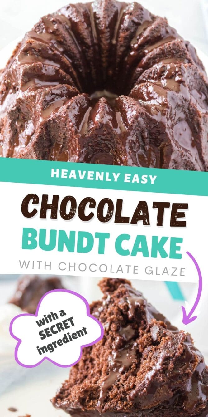 Collage of easy chocolate bundt cake photos with recipe title in the middle