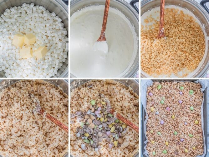 Overhead shot of six photos showing the process of making Easter rice krispie treats