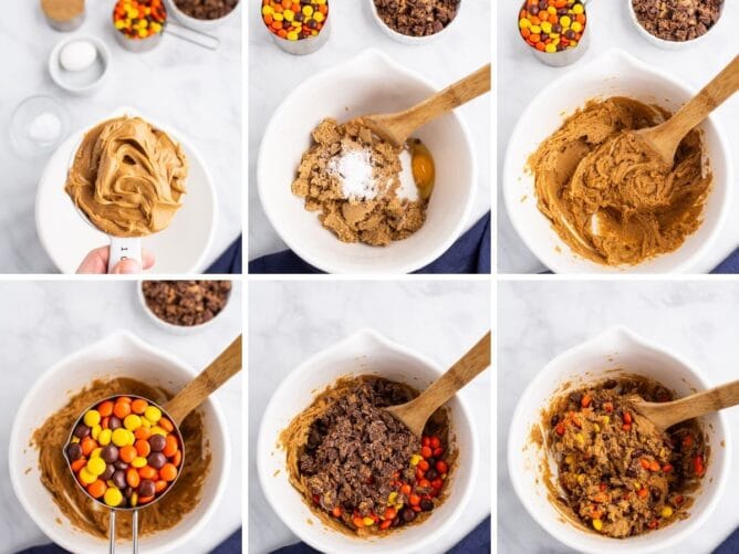 Overhead shot of six photos showing the process of making these cookies