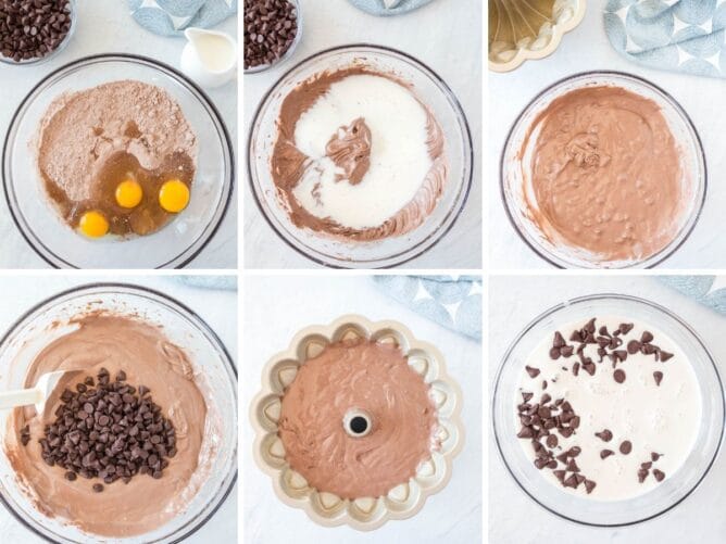 Overhead view of six photos showing the process steps to make easy chocolate bundt cake