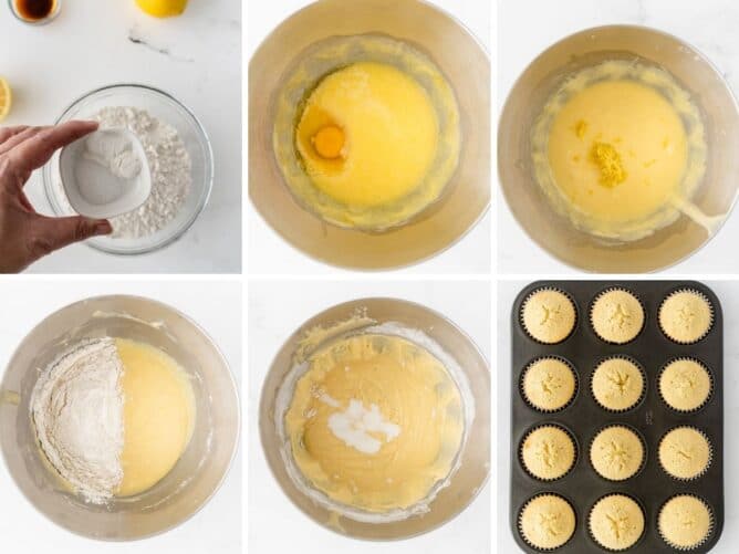Overhead collage of 6 photos showing the steps to make perfect triple lemon cupcakes
