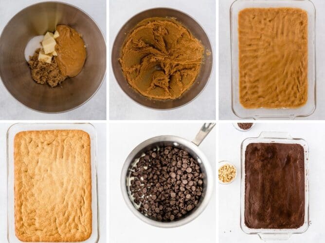 Overhead shot of six photos showing the process for making peanut butter cookie fudge bars