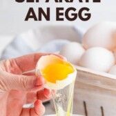 One egg being separated into a small bowl with blog post title on top of image