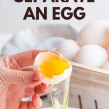 One egg being separated into a small bowl with blog post title on top of image