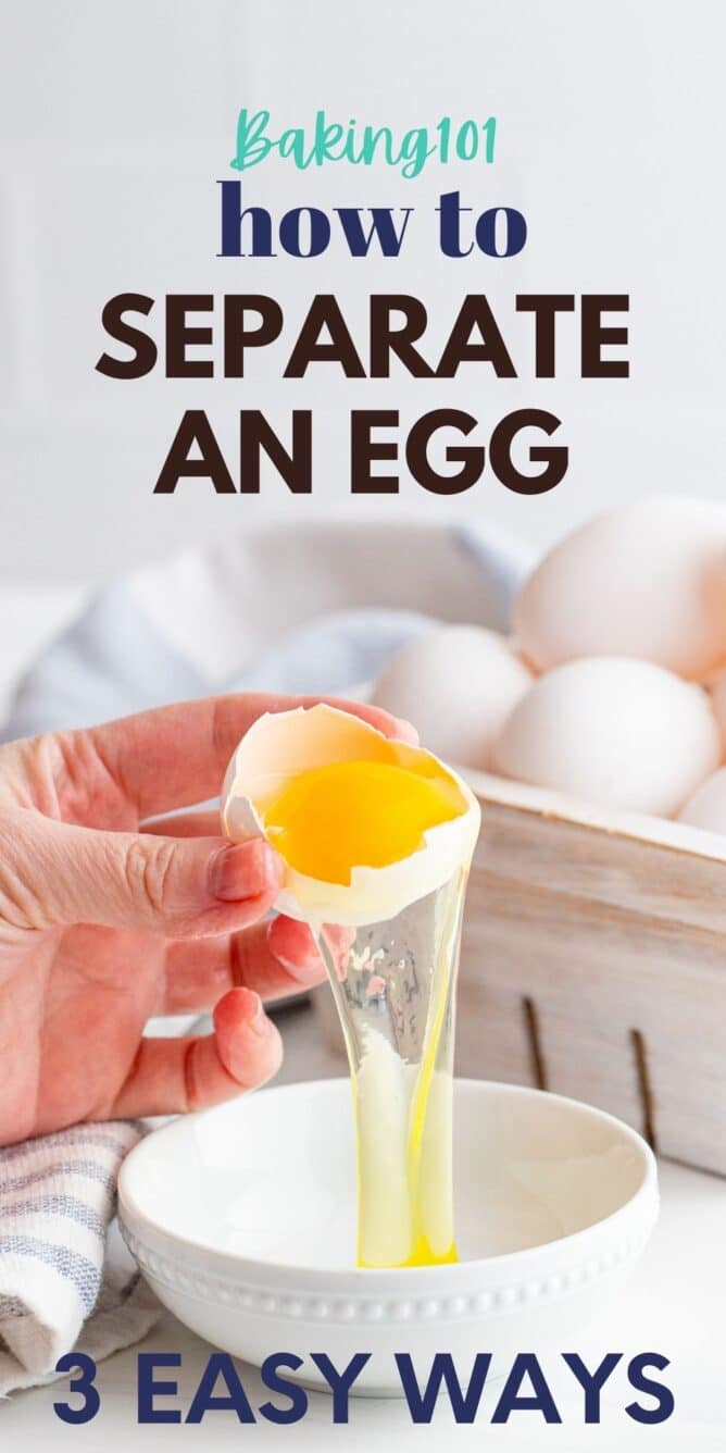 One egg being separated into a small bowl with blog post title on top of image