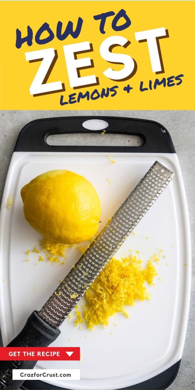 Overhead shot of lemon being zested over a cutting board with blog title on top of image