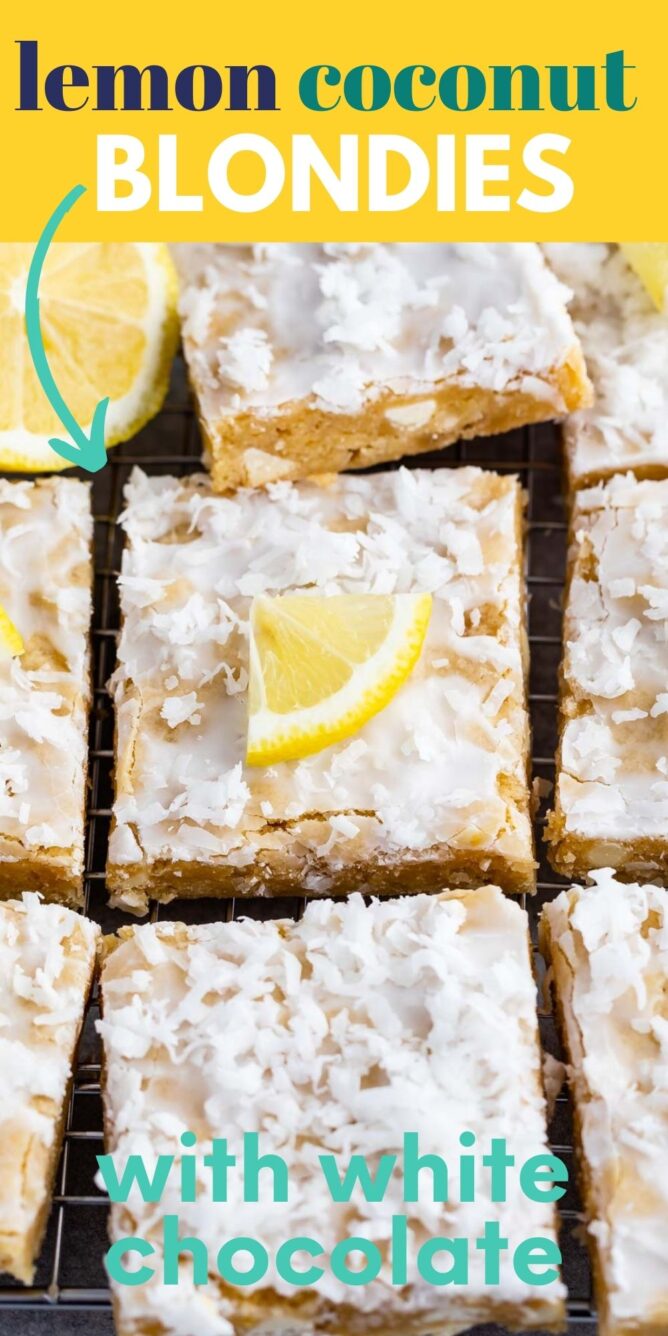 Overhead shot of lemon coconut blondie squares on a wire cooling rack with lemon wedges on top and recipe title on top of image