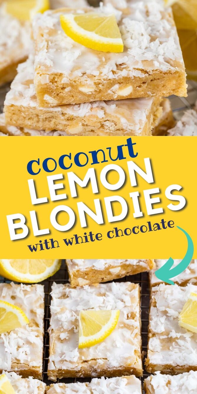 Two photo collage of lemon coconut blondies with recipe title in middle of photo