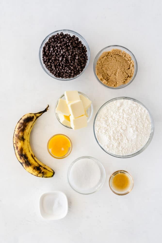 ingredients in bowls to make banana cookies