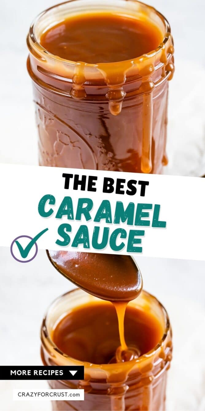 Photo collage of homemade caramel sauce with recipe title in middle of photos