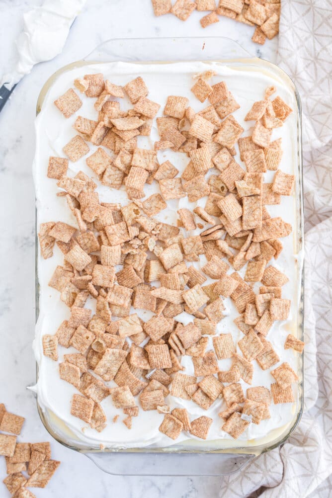 Overhead shot of cinnamon toast crunch poke cake