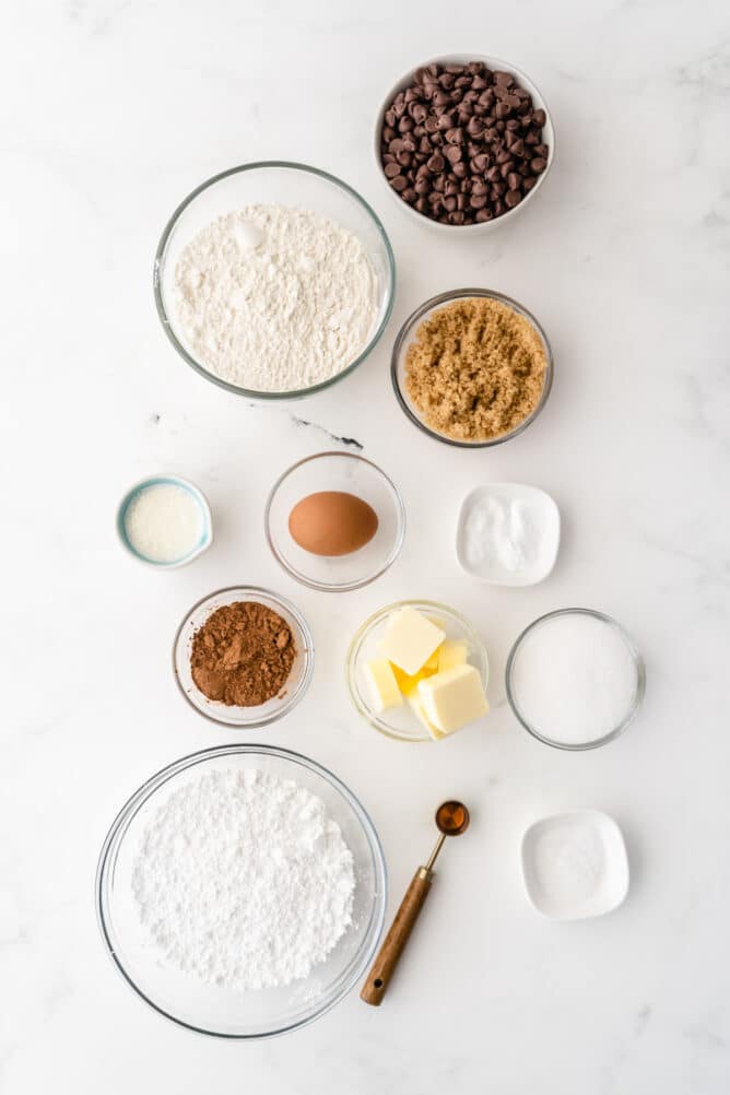 Overhead view of all measured ingredients needed to make cookie cake