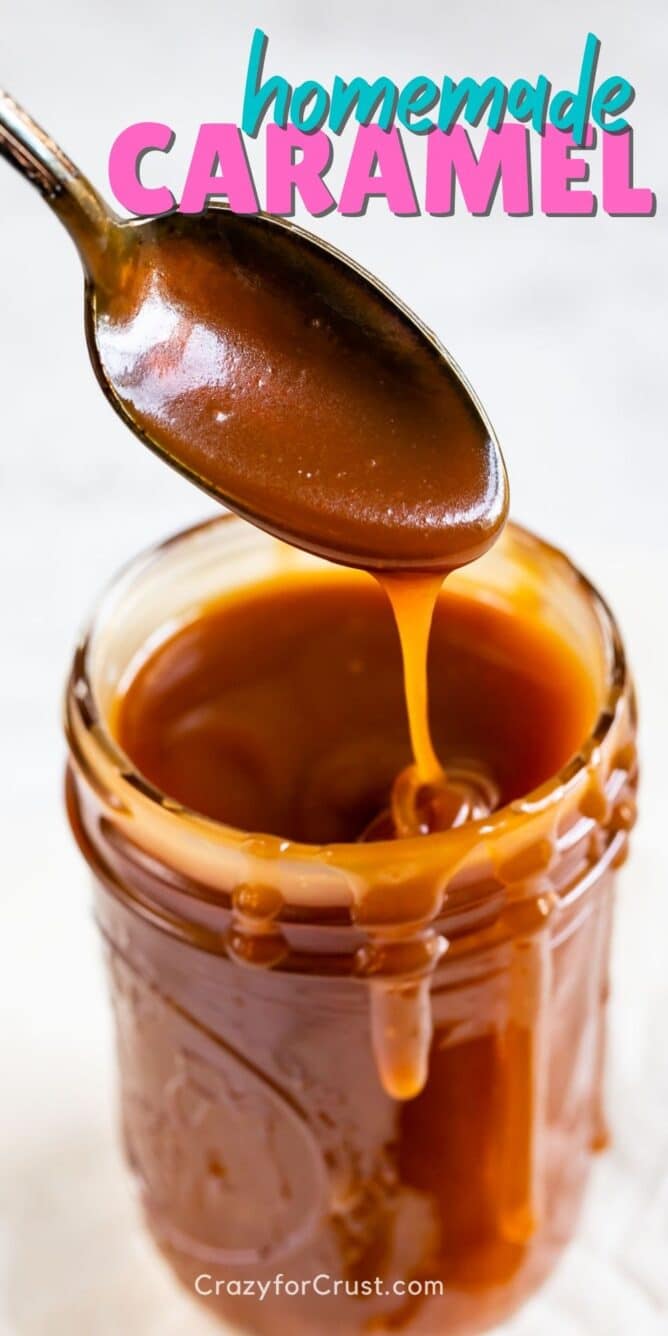 jar of caramel with spoon drizzling