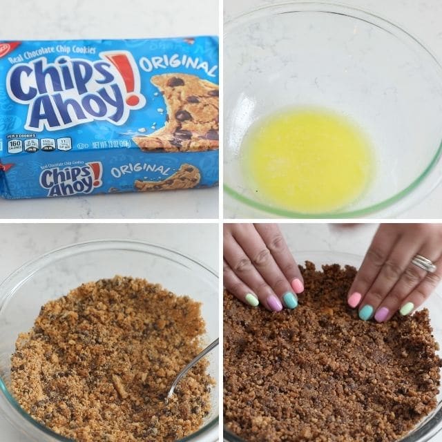 Four photo collage showing the process of making chocolate chip cookie crust