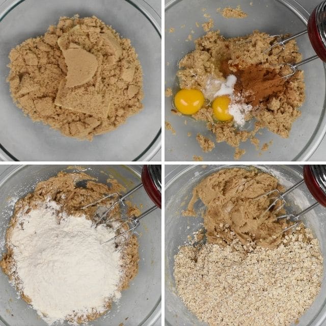 Four photo collage showing process of making oatmeal raisin cookie dough